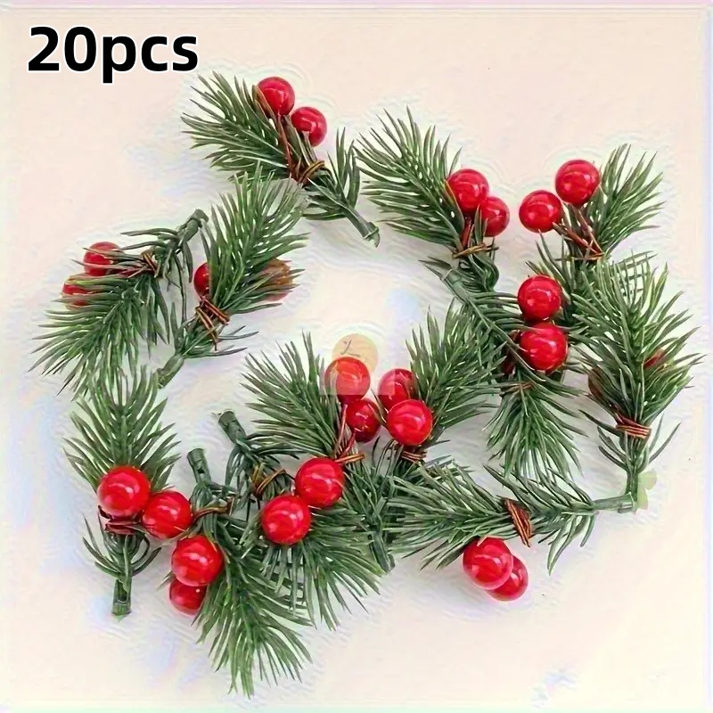 Christmas Tree Artificial - リアルな赤いベリーが付いた人工クリスマスパインブランチ20本、プラスチック製のホリデーフラワー、DIYリース用アクセサリー