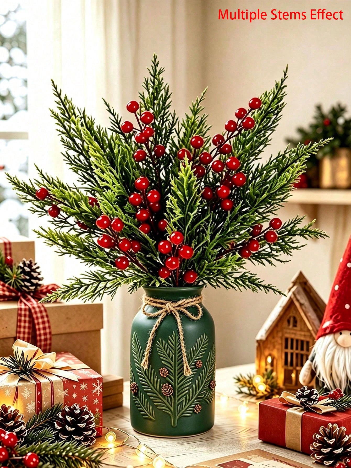 Christmas Tree Artificial - 赤い実がついた人工の松の枝20本セット。クリスマスツリーの飾り、クリスマスデコレーション、人工の緑、DIYクラフト、リース、ガーランド、ホリデーシーズンの装飾、テーブルセンターピース、クリスマスパーティーの装飾に。